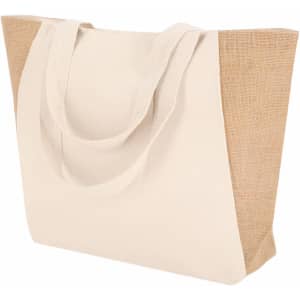 A tote bag in cream with a jute side panel, featuring sturdy handles and a simple design.