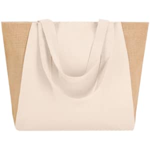 A beige and cream tote bag with two sturdy handles and a textured fabric design. Features a logo.