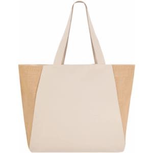 A beige tote bag featuring a textured natural fabric on the sides and sturdy handles. It has a logo on the front.
