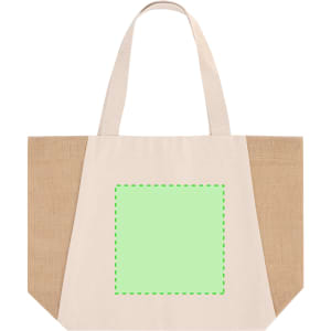 A beige tote bag with two tan sides and a green square area for branding. It features long, sturdy handles.
