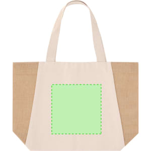 A tote bag featuring a natural colour scheme with a large, blank area for customisation. The bag has a simple design and branding.