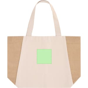 A cream tote bag with natural burlap sides and a logo area in the centre.
