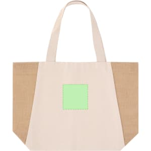 A tote bag in cream with a natural jute texture, featuring a square area for branding or design.