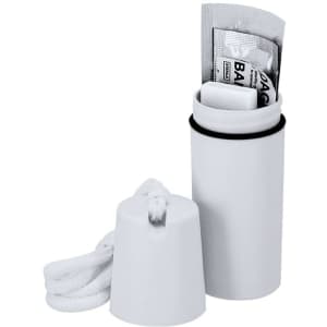 A white waterproof container with a cap, containing a packet and some cotton pads, with a cord for attachment.
