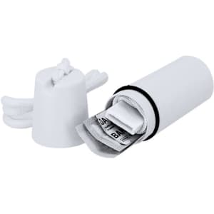 A white cylindrical container with a removable top, holding small items and secured with a black band.