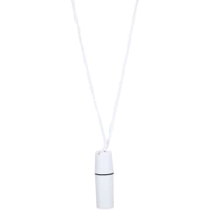 A small white container on a white cord, designed for carrying personal items. It features a simple logo.