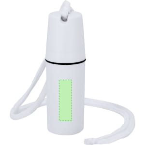 A white drink bottle with a black band and a detachable white strap, featuring a blank green area.