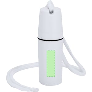 A white drink bottle with a black band and a green placeholder, featuring a detachable white strap.