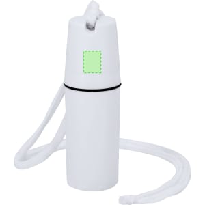 A white drink bottle with a matching white strap, featuring a minimalistic design and a branding area.