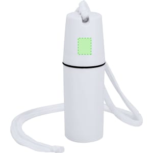 A white drink bottle with a black band and a white strap, featuring a logo.