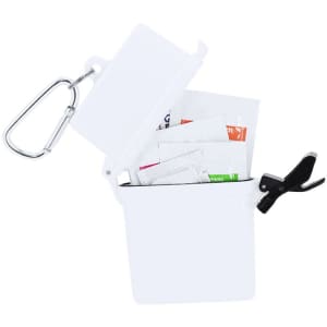 A white container with a lid, filled with various packets and featuring a clip and a carabiner.