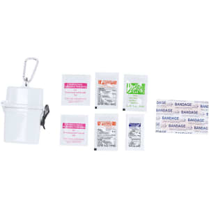 A white first aid container with a carabiner, contains various medical supplies and a bandage pack.