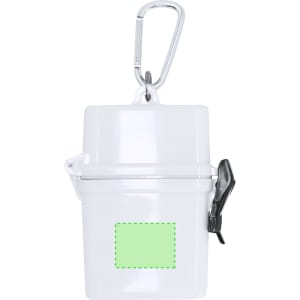 A white storage container with a carabiner clip and a green label area. It features a secure latch for closure.
