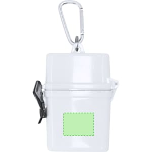 A white storage container with a carabiner clip and a locking mechanism, featuring a blank green area for custom branding.