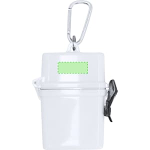 A white portable container with a clasp and carabiner, featuring a clear section for labelling.