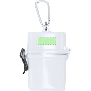 A white container with a clip, featuring a black latch and a space for logo or text.