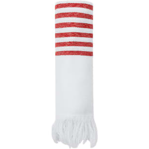 A white towel with red stripes at the top and tasselled ends, designed for leisure and outdoor use.
