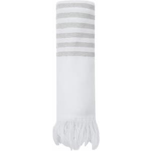 A rolled white pareo towel with grey stripes and fringed ends, suitable for beach use. It features a logo.