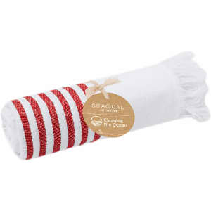 A rolled towel featuring red and white stripes, with a tag indicating the SEAQUAL initiative for ocean cleaning.