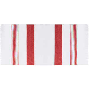 A white towel with red stripes, featuring fringed edges and a textured pattern. It includes a logo.