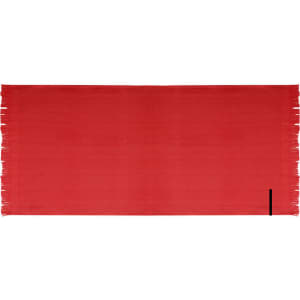 A red Brisly towel with frayed edges and a small logo on one side.