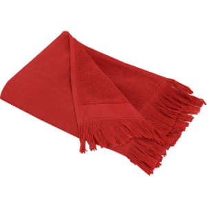 A red bath towel with textured fabric and fringed edges, featuring a logo.