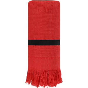 A red bath towel with fringed edges, featuring a black band for securing. It has a simple, elegant design.