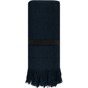 A navy blue towel with fringe detailing, neatly rolled and secured with a black band. It has a simple branding logo.