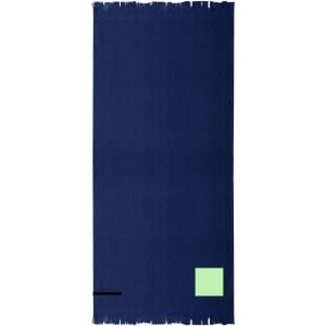 A navy blue bath towel with a green square and a black line at the edge, featuring a logo.