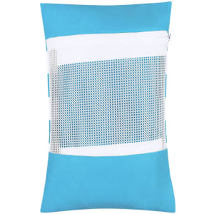 A blue towel with a white mesh pocket, featuring a zipper for secure storage.