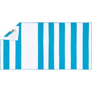 A blue and white striped absorbent towel, featuring a logo, suitable for gym and outdoor use.