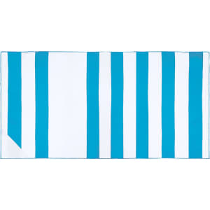 A striped towel in white and turquoise blue, featuring a logo in one corner. Suitable for gym and outdoor use.
