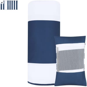 A navy blue and white absorbent towel with a matching zippered storage pouch, featuring a mesh panel.