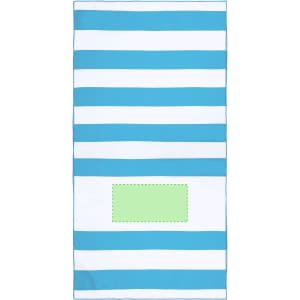 A striped towel featuring blue and white horizontal lines, with a green rectangular area and branding.