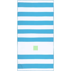 A striped towel featuring alternating blue and white stripes with a small green square in the centre. It has a logo.