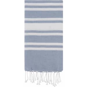 A blue and white striped towel with fringed edges, designed for outdoor leisure and cooling purposes.