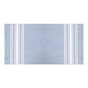 A light blue towel pareo with white stripes and fringed edges, suitable for leisure and outdoor activities.