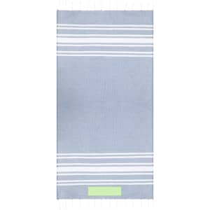 A blue and white striped towel with fringed edges and a logo. Ideal for leisure and outdoor activities.