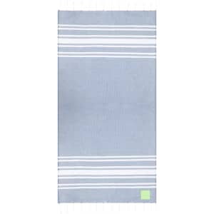 A blue cooling towel with white stripes and frayed edges, featuring a small logo at the bottom.