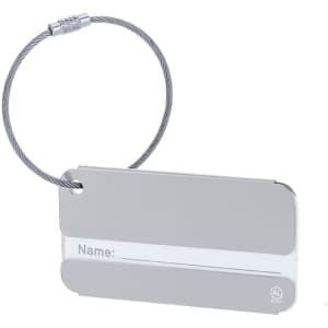 A silver luggage tag with a metal loop for attachment, featuring a blank area for personal information.