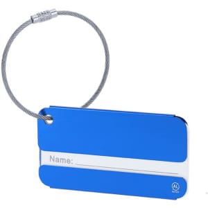 A blue luggage tag with a silver section for personal details and a metal attachment loop. It features a logo.