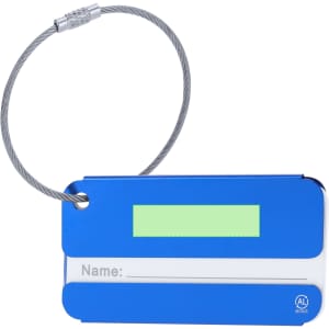 A blue luggage tag with a metal attachment and a space for a name. It features a sleek design.