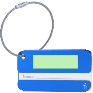 A blue luggage tag with a silver fastening, featuring a blank name area for personalisation.