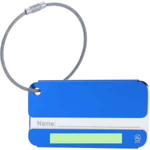 A blue luggage tag with a silver loop for attachment, featuring a blank area for name details.