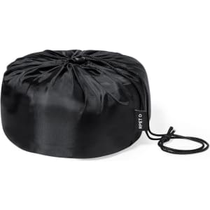 A black hooded pillow featuring a smooth, satin finish and a drawstring closure. It includes a logo.
