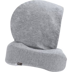 A grey hooded pillow made of soft material, featuring a logo on the side. Ideal for comfort and relaxation.