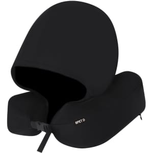 A black hooded pillow with a contoured shape, featuring a logo and a zip closure.