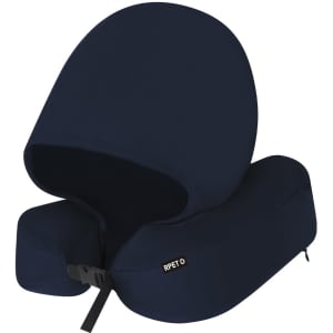 A navy blue hooded pillow with a soft, cushioned design and an attached hood, featuring a brand logo.