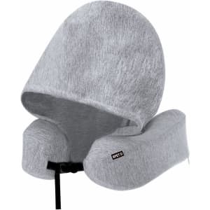 A grey hooded pillow with a soft exterior and a supportive neck structure, featuring a branding logo.