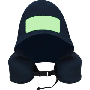 A navy hooded pillow featuring a green accent. It has a branding logo and adjustable strap.